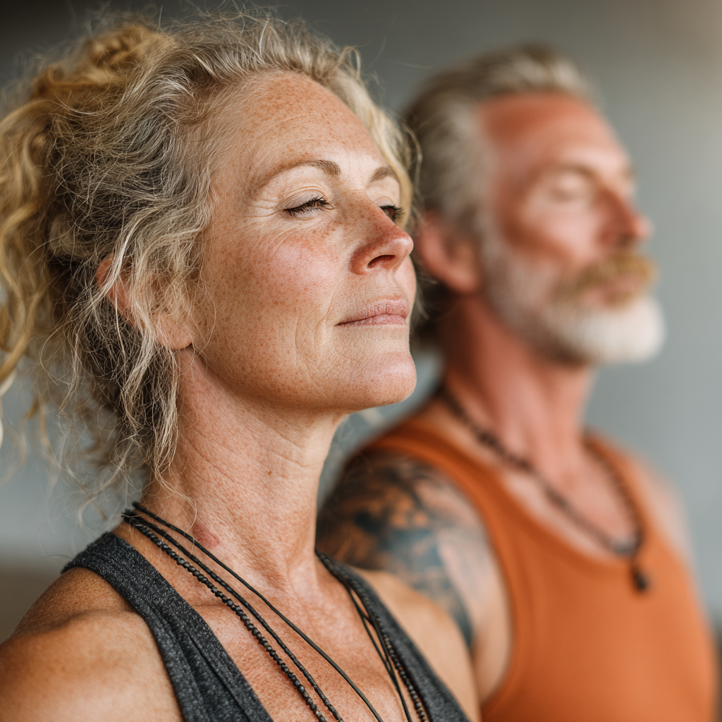 Mature couple in their early 50s practicing gentle yoga stretches together in bright studio, both wearing comfortable exercise clothing, demonstrating partner yoga poses with focused expressions