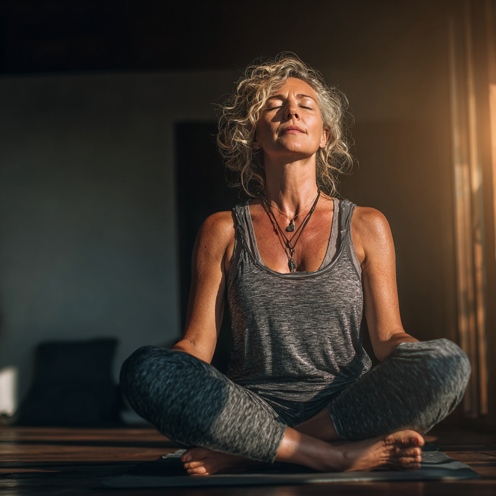 Mature woman in her late 40s practicing yoga meditation in peaceful studio with natural light, sitting in lotus position with eyes closed, wearing comfortable athletic wear